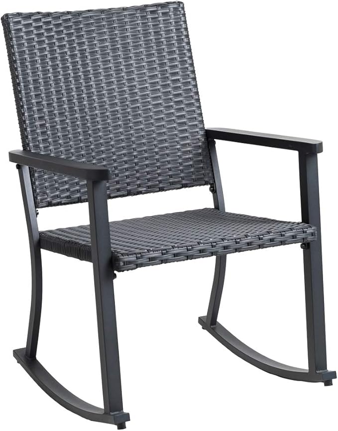 C-Hopetree Outdoor Rocking Chair, Outside Patio Porch Rocker, Metal Frame, Black All Weather Wicker