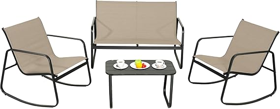 GEONKAI 4 Piece Patio Furniture Set, Olefin Loveseat Outdoor Furniture with 2 Rocking Chairs, Patio Conversation Set with Coffee Table, Breathable & Comfortable for Garden, Poolside, Balcony (Khaki)