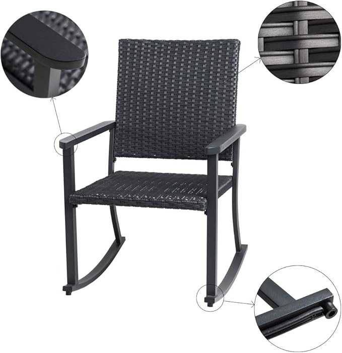 C-Hopetree Outdoor Rocking Chair, Outside Patio Porch Rocker, Metal Frame, Black All Weather Wicker