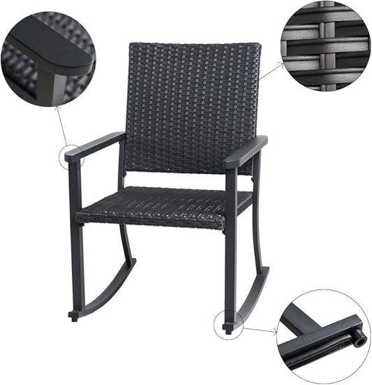 C-Hopetree Outdoor Rocking Chair, Outside Patio Porch Rocker, Metal Frame, Black All Weather Wicker