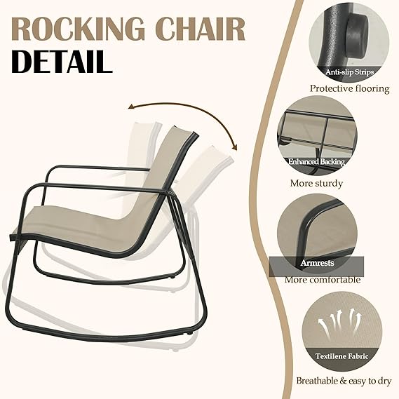 GEONKAI 4 Piece Patio Furniture Set, Olefin Loveseat Outdoor Furniture with 2 Rocking Chairs, Patio Conversation Set with Coffee Table, Breathable & Comfortable for Garden, Poolside, Balcony (Khaki)