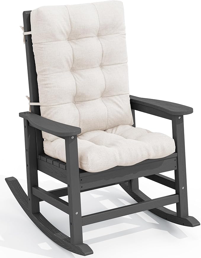 SERWALL SEWALL Oversized Outdoor Rocking Chair with Cushion, Patio Rocking Chairs for Porch, Gray HDPE Rocker+Beige Cushion